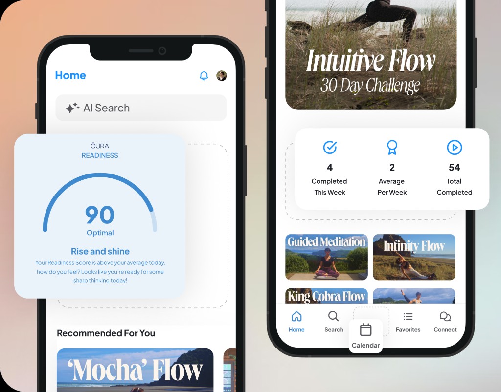 VidApp app screens showing home, AI search, Oura readiness, and content discovery